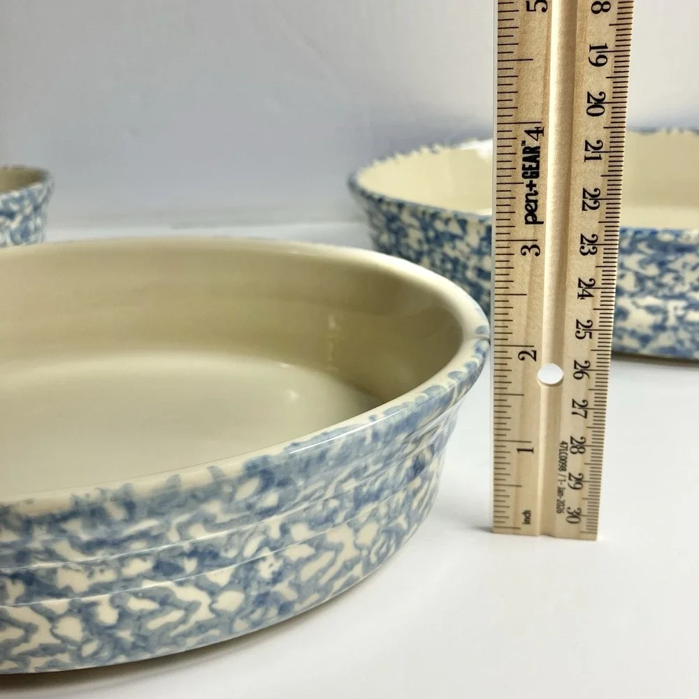 Workshops of Gerald Henn Blue Spongeware. Oval Baker set 7 1/2, 9 1/2